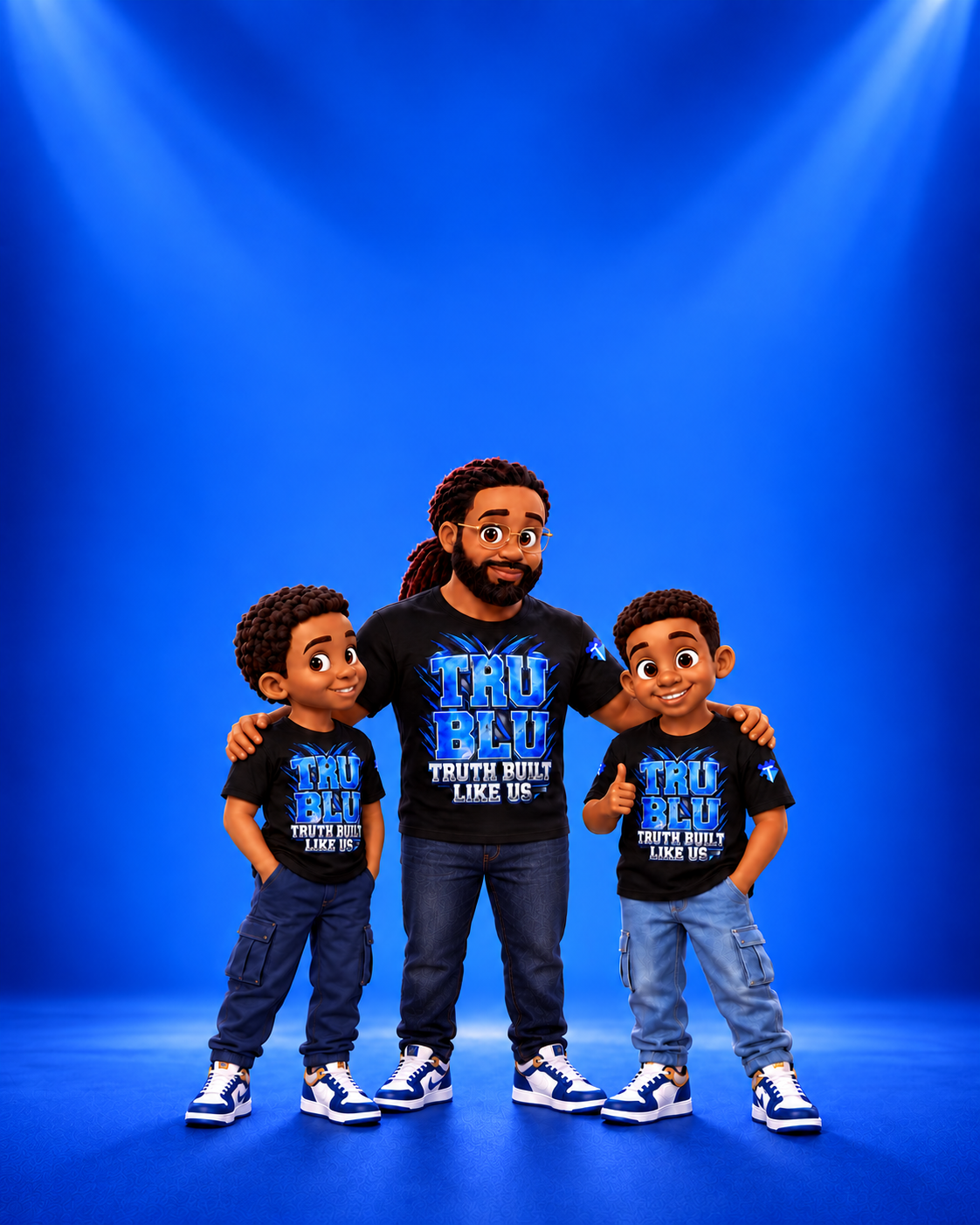 Daddy, John, and Jay-Jay fully visible in the TruBlu merchandise campaign