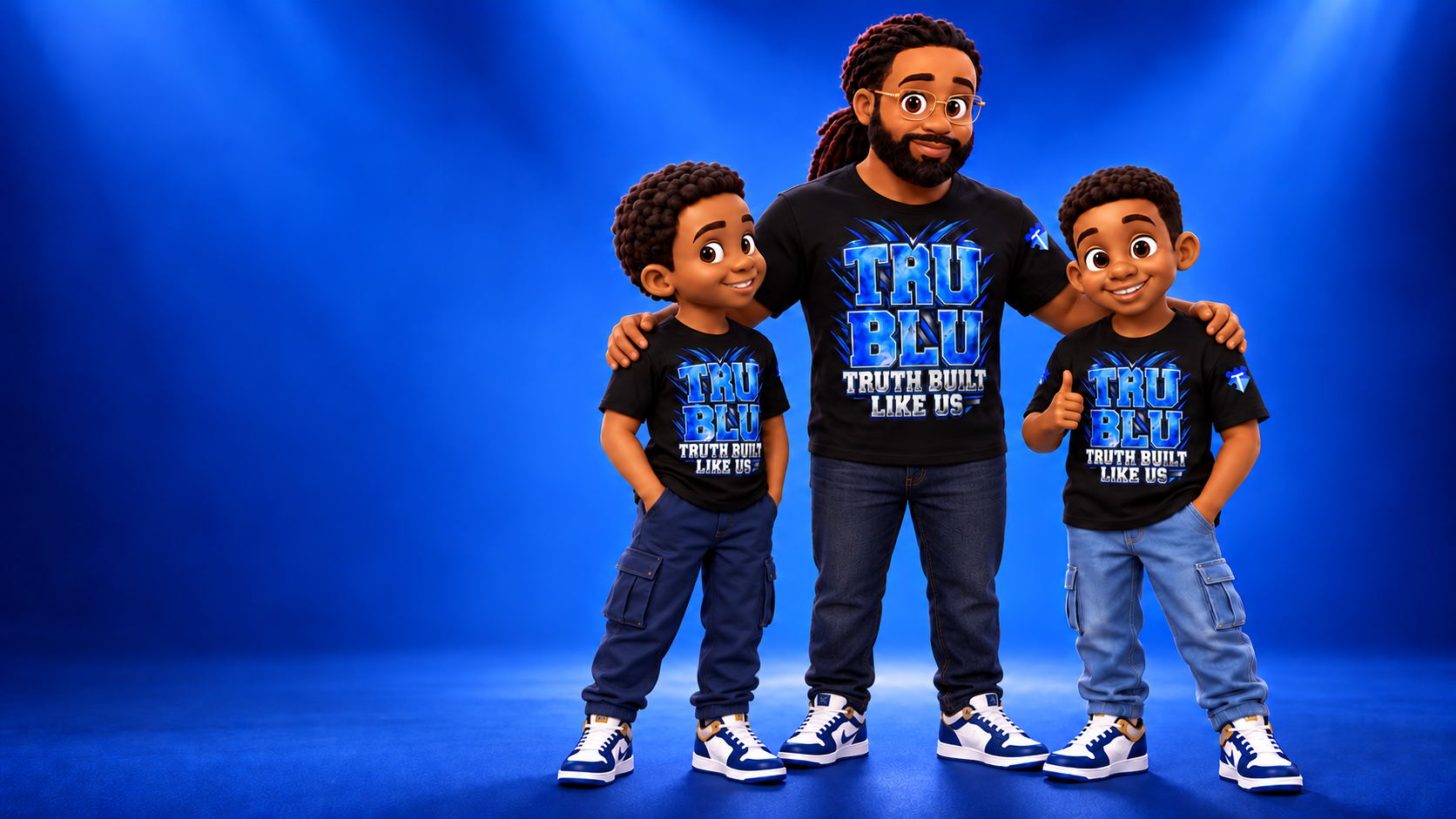 Daddy, John, and Jay-Jay wearing the black TruBlu statement T-shirt