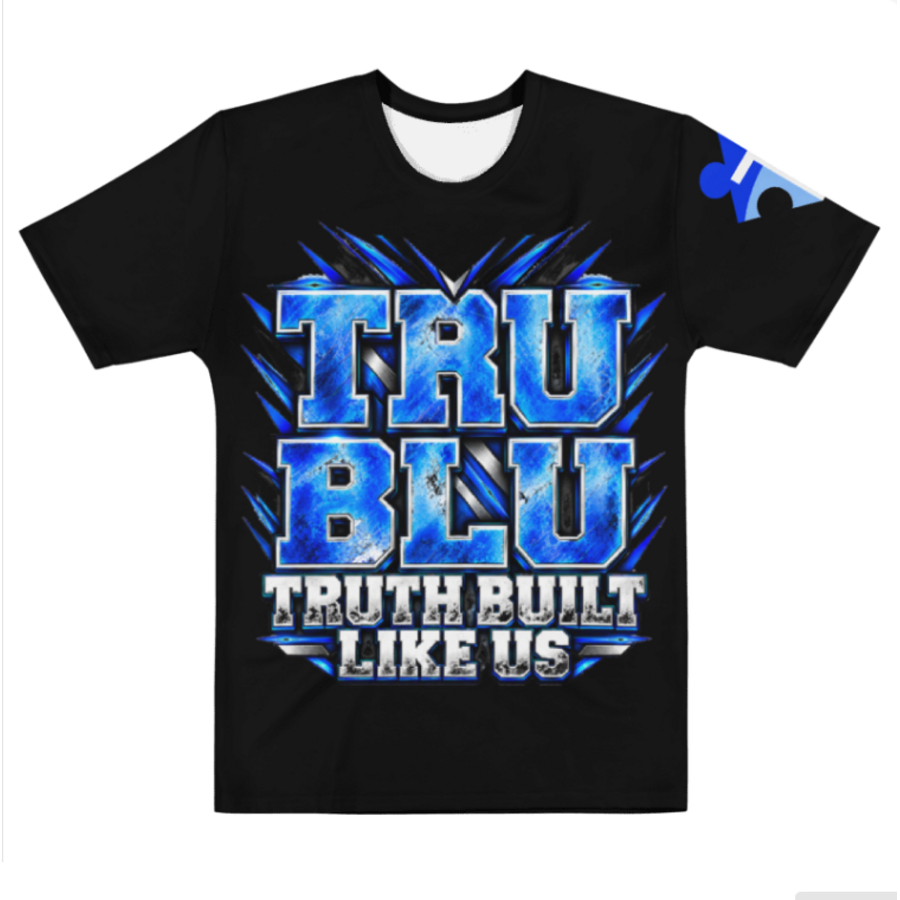 Black TruBlu Statement All-Over Print T-Shirt with blue TRU BLU artwork
